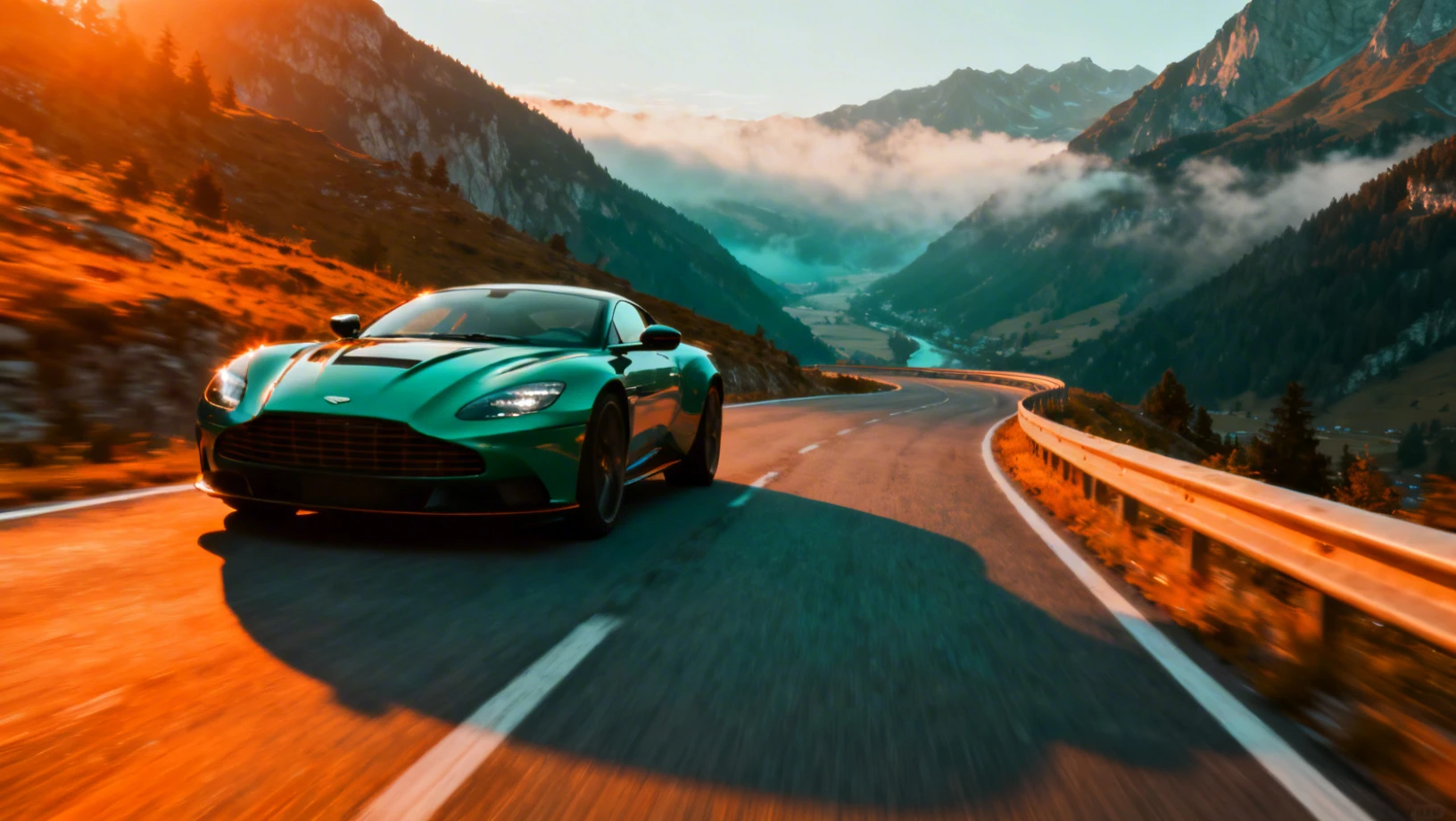 Route de montagne européenne au coucher du soleil